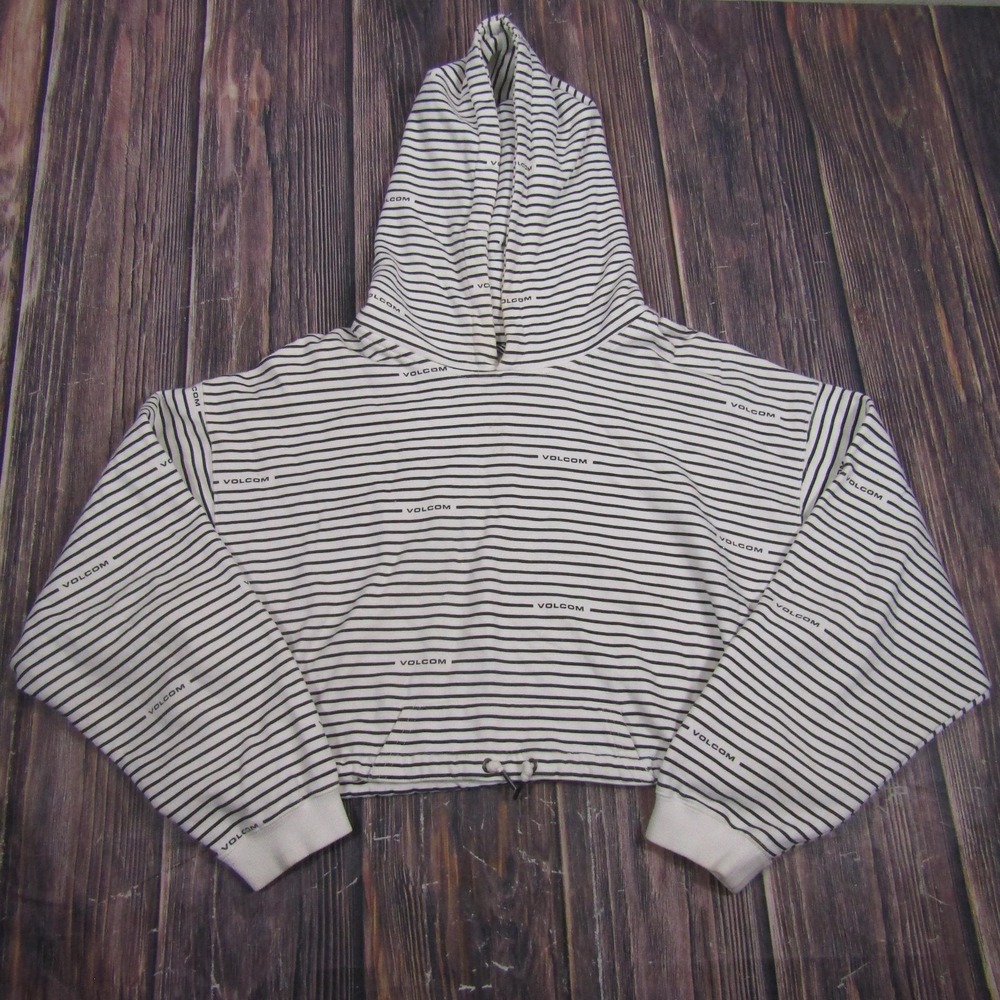 Volcom Womens Juniors XL 12 White Black Stripe Logo Cropped Hooded Sweater